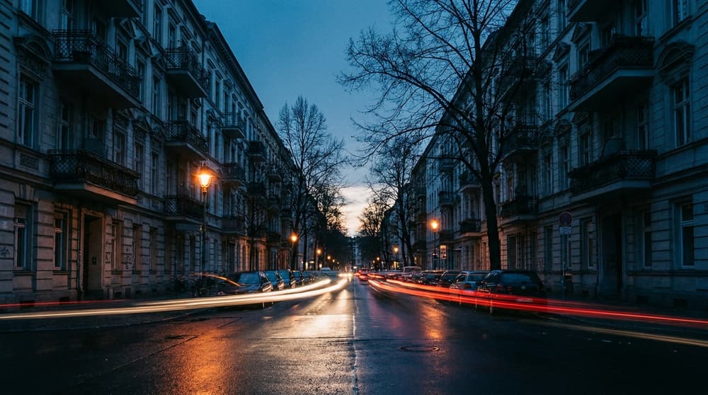 Wohnstraße in Berlin-Friedrichshain am Abend