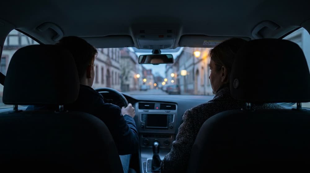 Fahrschülerin am Steuer neben einem Fahrlehrer während einer Fahrstunde in der Dämmerung