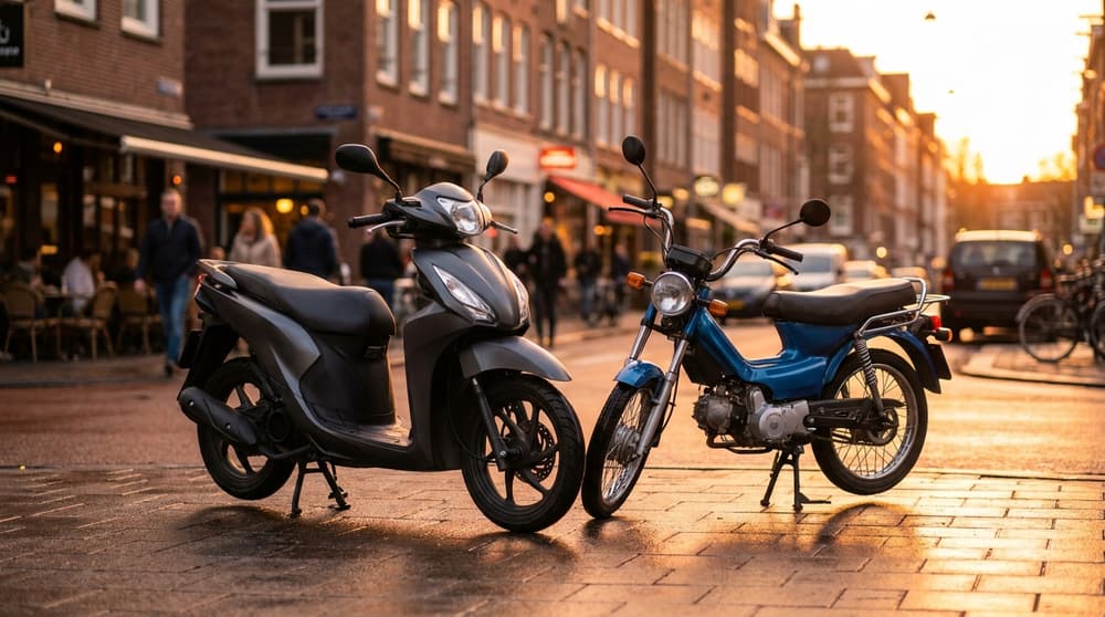 Roller und leichtes Motorrad auf einer Stadtstraße im Abendlicht